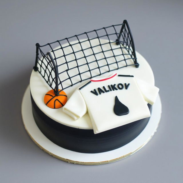 A bento cake design with a black volleyball net at the top of the cake