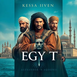 A captivating book cover for a historical novel set in Egypt in the year 1700 within a Muslim country, featuring three male characters dressed in period-appropriate attire that reflects their roles