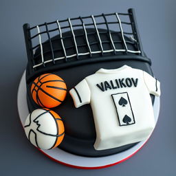 A bento cake design with a black volleyball net at the top of the cake