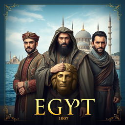 A captivating book cover for a historical novel set in Egypt in the year 1700 within a Muslim country, featuring three male characters dressed in period-appropriate attire that reflects their roles