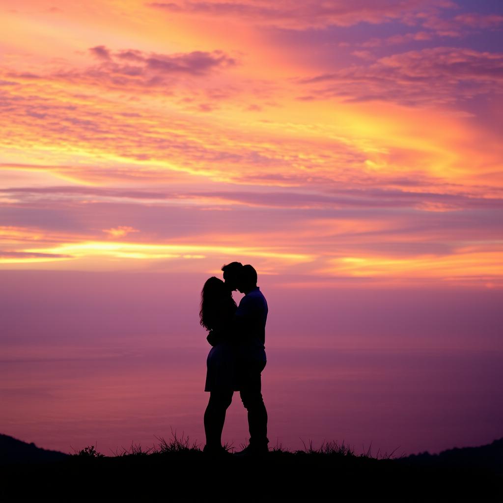 A romantic couple standing on a scenic hill, lovingly embracing each other as they gaze at a mesmerizing sunset