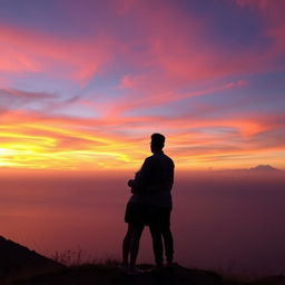 A romantic couple standing on a scenic hill, lovingly embracing each other as they gaze at a mesmerizing sunset