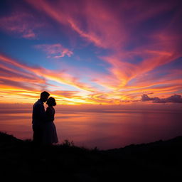 A romantic couple standing on a scenic hill, lovingly embracing each other as they gaze at a mesmerizing sunset