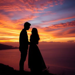 A romantic couple standing on a scenic hill, lovingly embracing each other as they gaze at a mesmerizing sunset