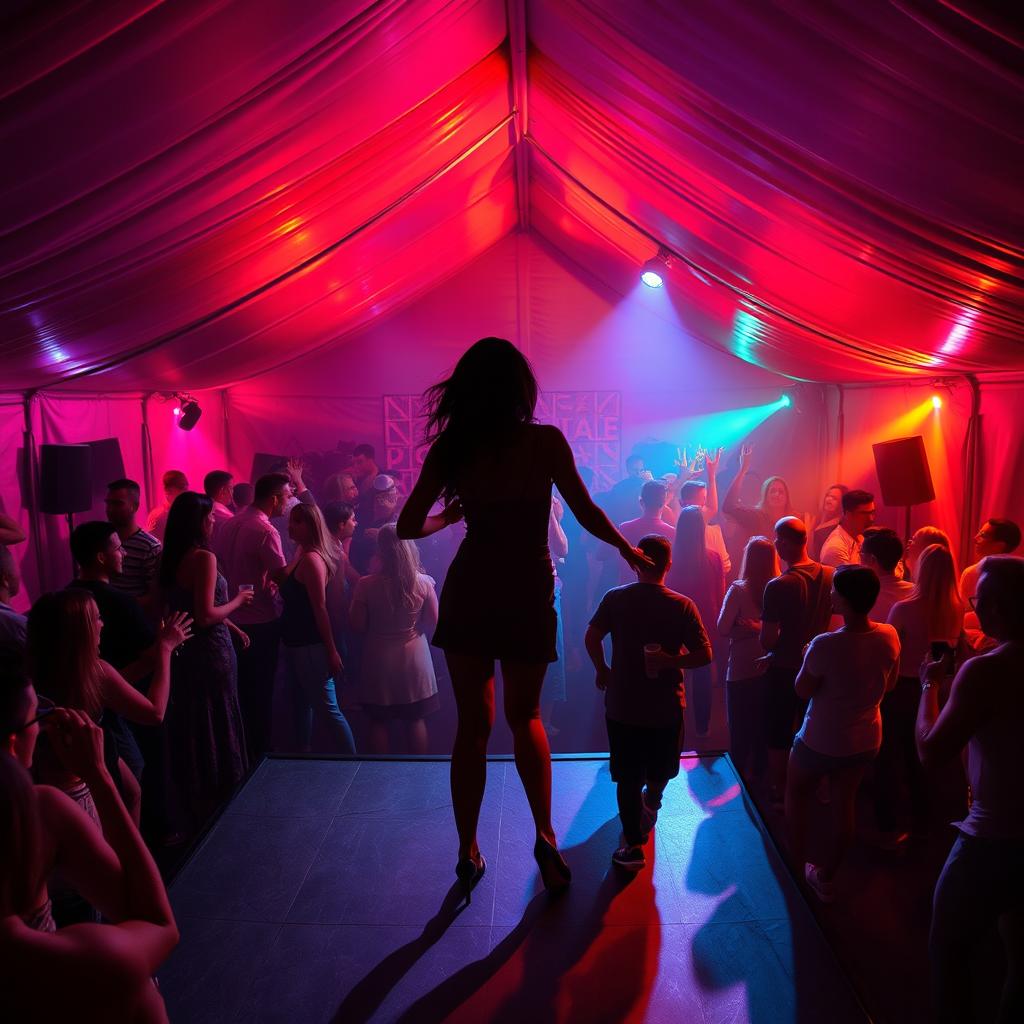 Inside a vibrant tent house, converted into a lively dance club, bustling with around 100 people who are energetically drinking and dancing