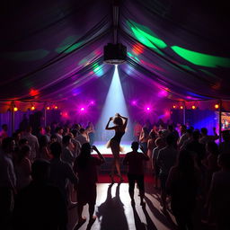 Inside a vibrant tent house, converted into a lively dance club, bustling with around 100 people who are energetically drinking and dancing