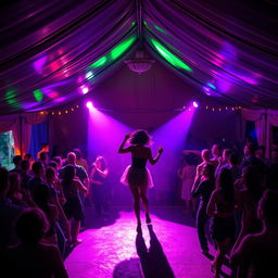 Inside a vibrant tent house, converted into a lively dance club, bustling with around 100 people who are energetically drinking and dancing