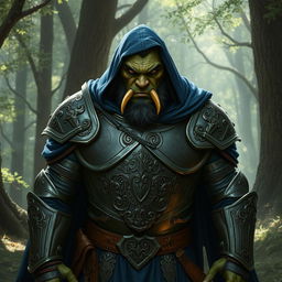 A male half-orc dressed in full plate armor, covered by long dark blue robes