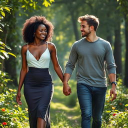 Prisca, the 24-year-old woman with beautiful black skin, is walking hand in hand with her boyfriend Peter in the enchanting forest