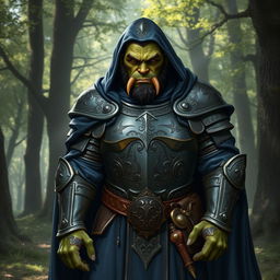 A male half-orc dressed in full plate armor, covered by long dark blue robes