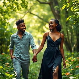 Prisca, the 24-year-old woman with beautiful black skin, is walking hand in hand with her boyfriend Peter in the enchanting forest