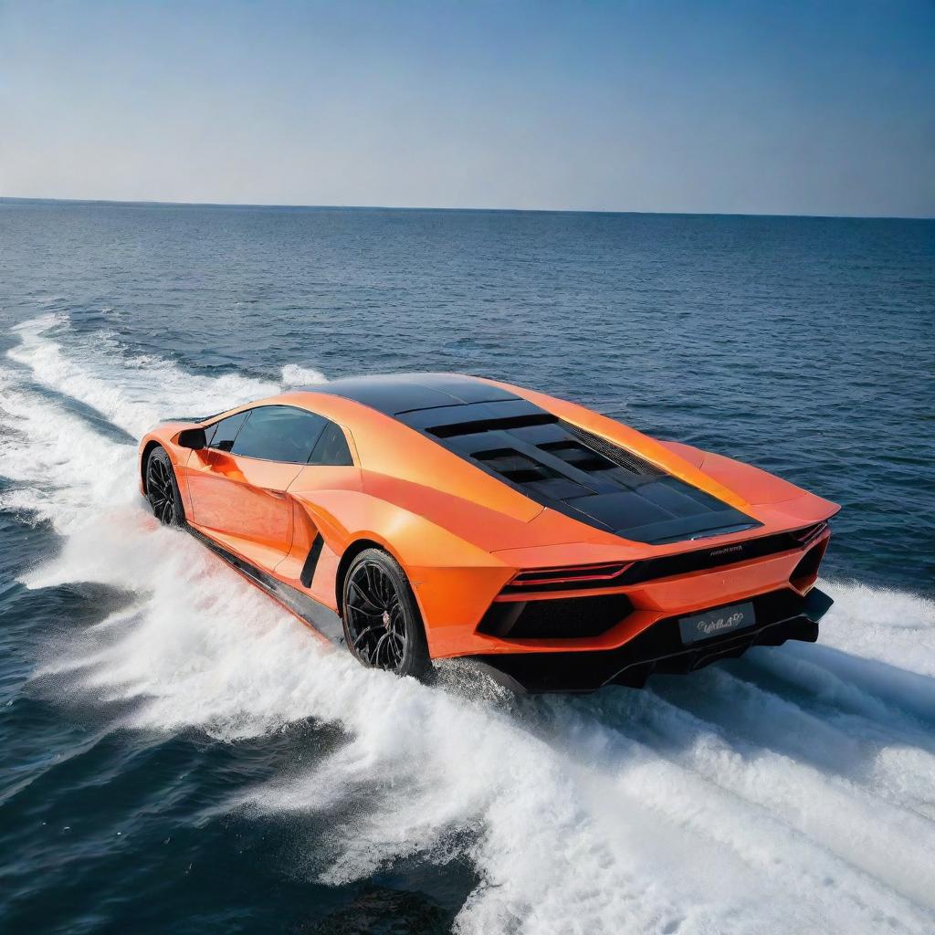 A high-speed luxury yacht with the distinctive design elements and vibrant colors of a Lamborghini supercar