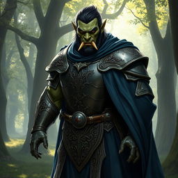 A male half-orc dressed in full plate armor, covered by long dark blue robes