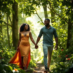 Prisca, the 24-year-old woman with beautiful black skin, is walking hand in hand with her boyfriend Peter in the enchanting forest