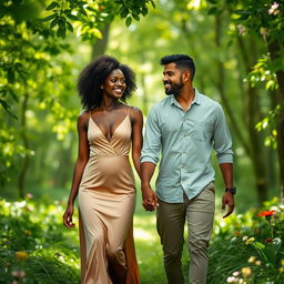 Prisca, the 24-year-old woman with beautiful black skin, is walking hand in hand with her boyfriend Peter in the enchanting forest