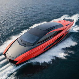 A high-speed luxury yacht with the distinctive design elements and vibrant colors of a Lamborghini supercar