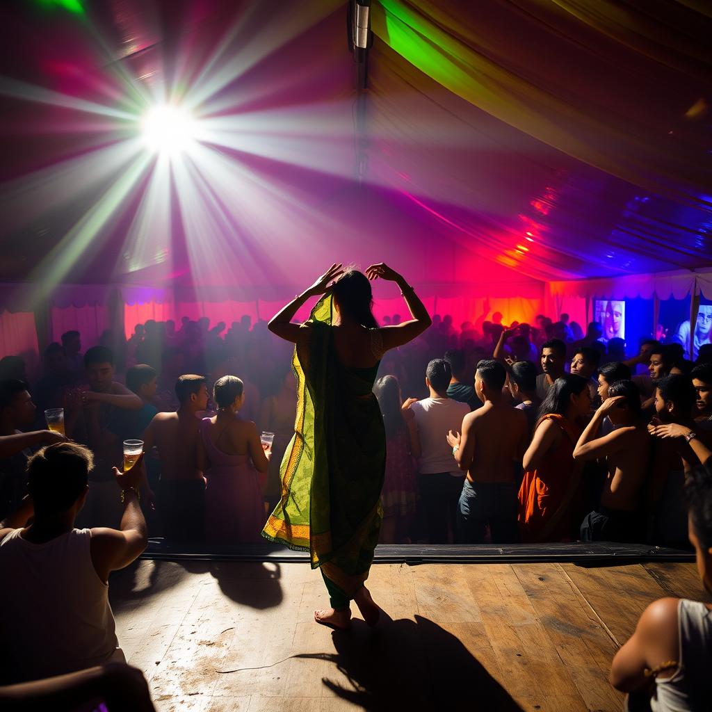 Inside a vibrant and expansive tent house converted into a bustling dance club, approximately 100 people are energetically drinking and dancing