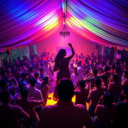 Inside a vibrant and expansive tent house converted into a bustling dance club, approximately 100 people are energetically drinking and dancing