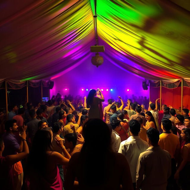 Inside a vibrant and expansive tent house converted into a bustling dance club, approximately 100 people are energetically drinking and dancing