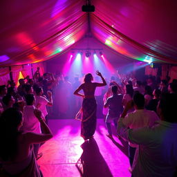 Inside a vibrant and expansive tent house converted into a bustling dance club, approximately 100 people are energetically drinking and dancing