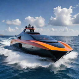 A high-speed luxury yacht with the distinctive design elements and vibrant colors of a Lamborghini supercar