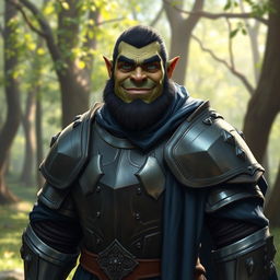 A friendly male half-orc dressed in full plate armor, covered by long dark blue robes