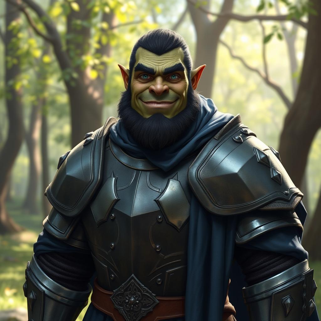 A friendly male half-orc dressed in full plate armor, covered by long dark blue robes