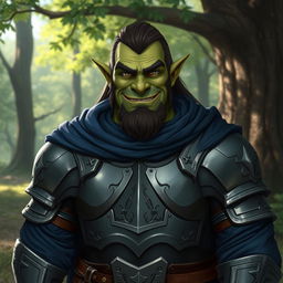 A friendly male half-orc dressed in full plate armor, covered by long dark blue robes