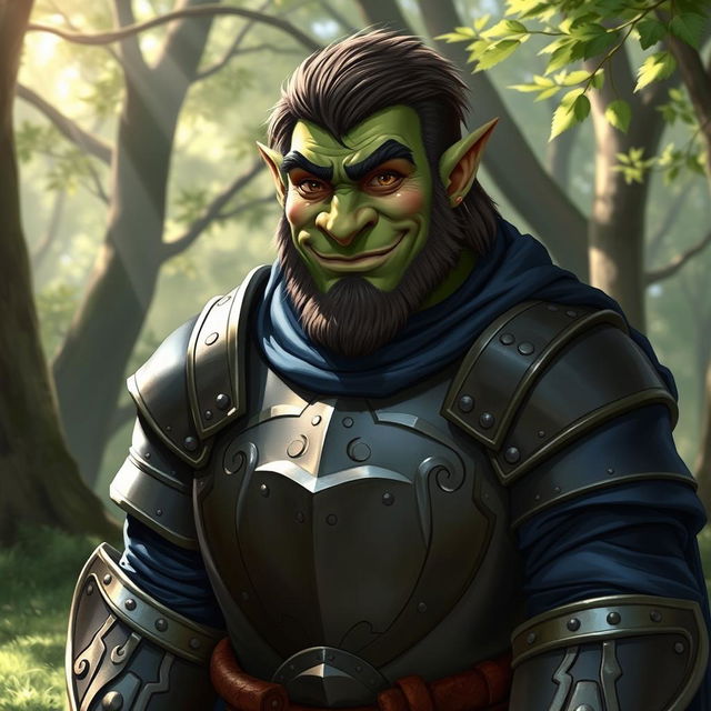 A friendly male half-orc dressed in full plate armor, covered by long dark blue robes