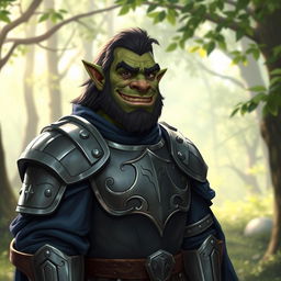 A friendly male half-orc dressed in full plate armor, covered by long dark blue robes