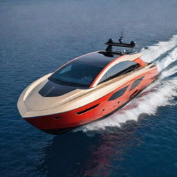 A high-speed luxury yacht with the distinctive design elements and vibrant colors of a Lamborghini supercar