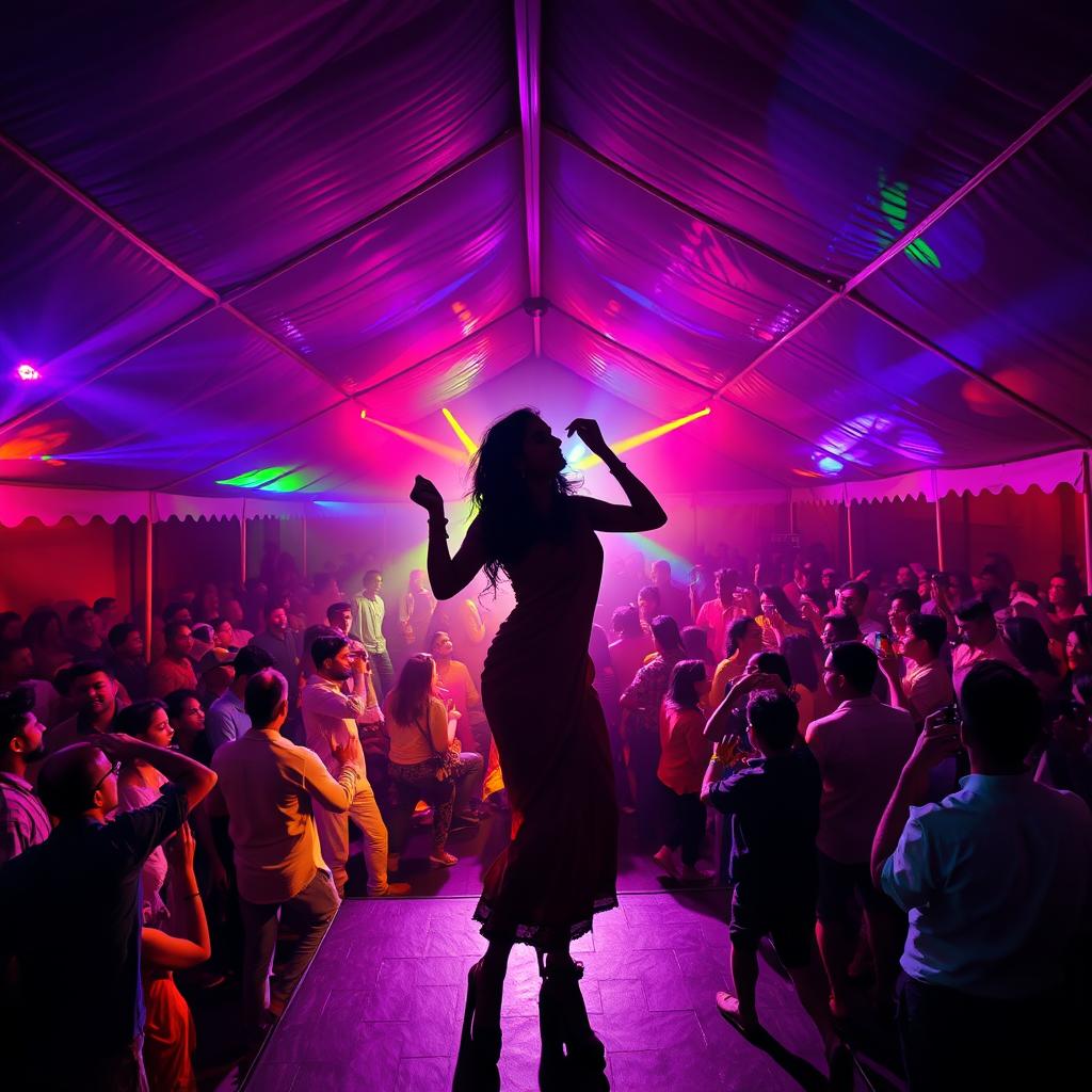 Inside a large tent house transformed into a lively dance club, teeming with around 100 people enjoying drinks and dancing