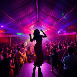 Inside a large tent house transformed into a lively dance club, teeming with around 100 people enjoying drinks and dancing