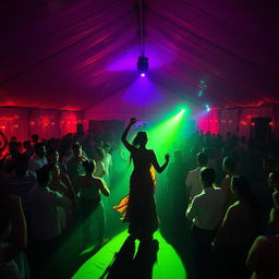 Inside a large tent house transformed into a lively dance club, teeming with around 100 people enjoying drinks and dancing