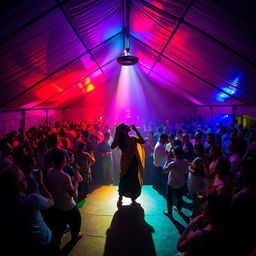 Inside a large tent house transformed into a lively dance club, teeming with around 100 people enjoying drinks and dancing