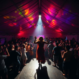 Inside a large tent house transformed into a lively dance club, teeming with around 100 people enjoying drinks and dancing