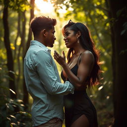 Prisca, the 24-year-old woman with beautiful black skin, engaging in a seductive gesture with her boyfriend Peter in the enchanting forest