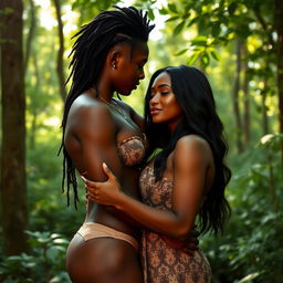 Prisca, the 24-year-old woman with beautiful black skin, engaging in a seductive gesture with her boyfriend Peter in the enchanting forest