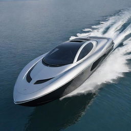 Visualize a luxurious speed boat that incorporates the sleek, aerodynamic features and elegant colors of a McLaren supercar