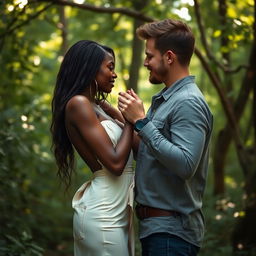 Prisca, the 24-year-old woman with beautiful black skin, engaging in a seductive gesture with her boyfriend Peter in the enchanting forest