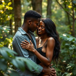 Prisca, the 24-year-old woman with beautiful black skin, engaging in a seductive gesture with her boyfriend Peter in the enchanting forest