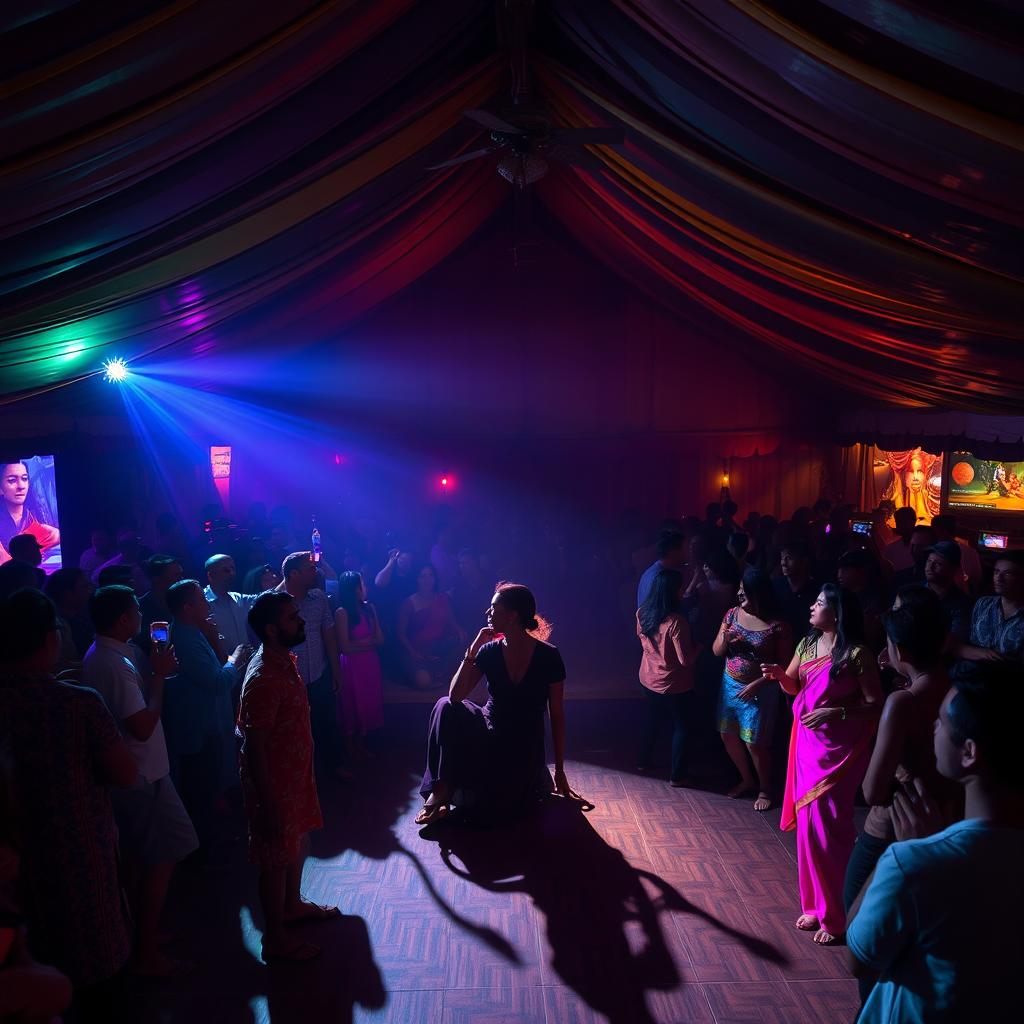 Inside a large, spirited tent house dance club, bustling with approximately 100 patrons who are enjoying drinks and dancing