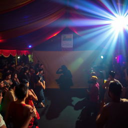 Inside a large, spirited tent house dance club, bustling with approximately 100 patrons who are enjoying drinks and dancing