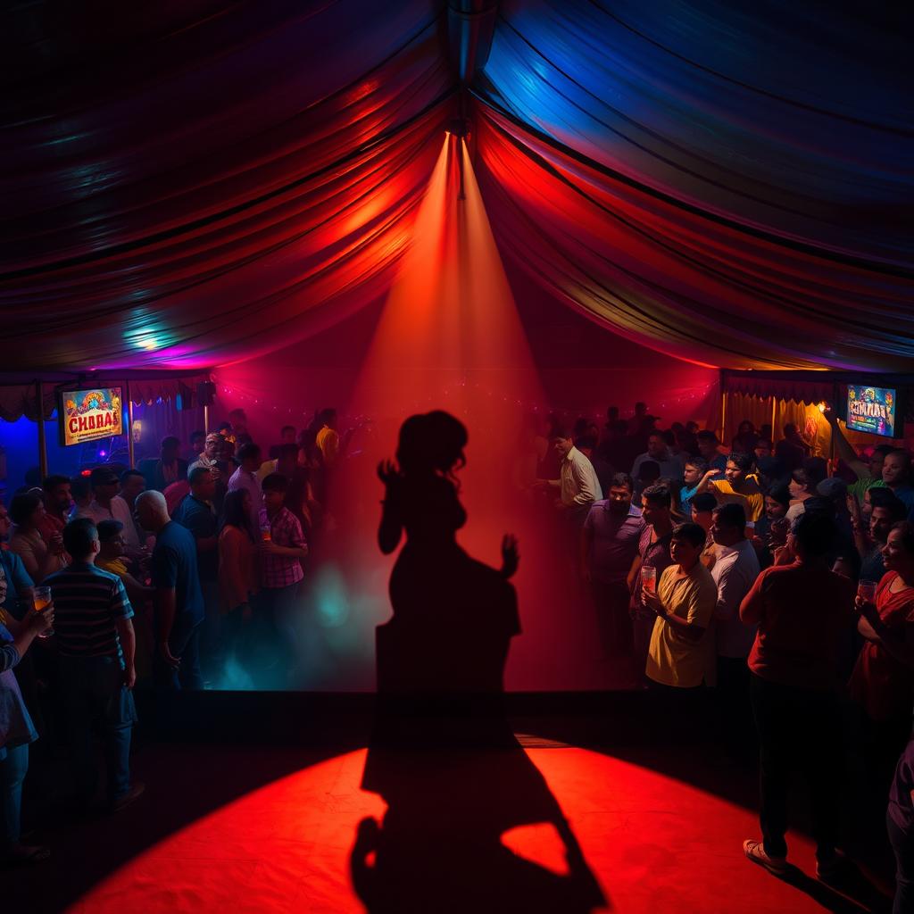 Inside a large, spirited tent house dance club, bustling with approximately 100 patrons who are enjoying drinks and dancing