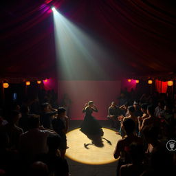 Inside a large, spirited tent house dance club, bustling with approximately 100 patrons who are enjoying drinks and dancing