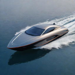 Visualize a luxurious speed boat that incorporates the sleek, aerodynamic features and elegant colors of a McLaren supercar