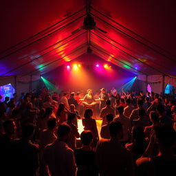 Inside a lively and expansive tent house transformed into a bustling dance club, around 100 people are joyfully drinking and dancing