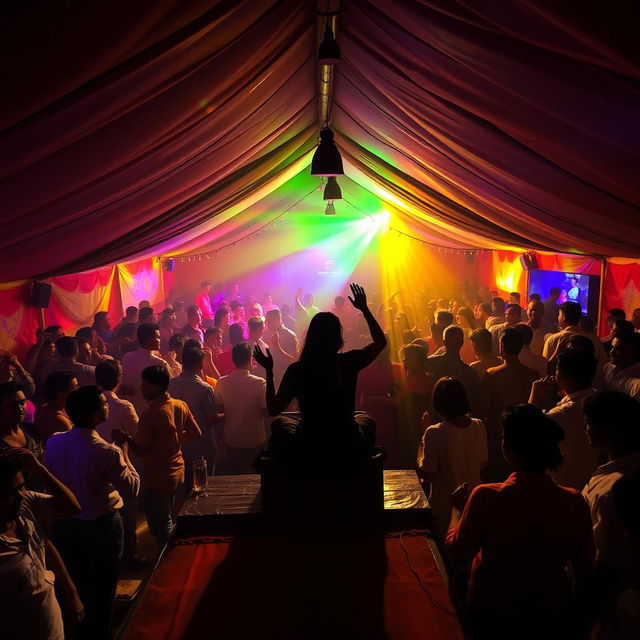 Inside a lively and expansive tent house transformed into a bustling dance club, around 100 people are joyfully drinking and dancing