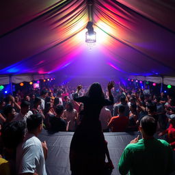 Inside a lively and expansive tent house transformed into a bustling dance club, around 100 people are joyfully drinking and dancing