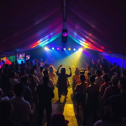 Inside a lively and expansive tent house transformed into a bustling dance club, around 100 people are joyfully drinking and dancing